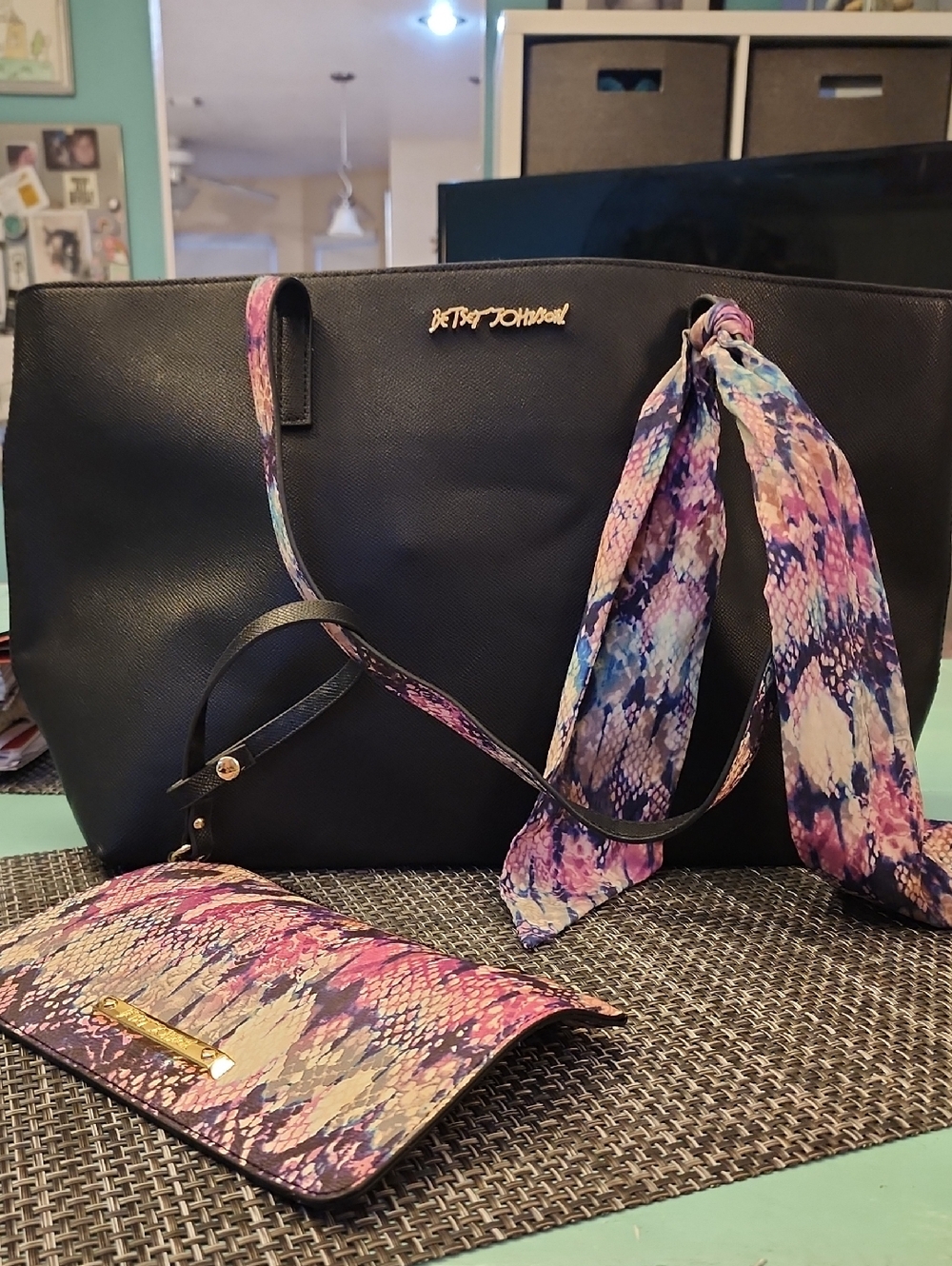 Betsey Johnson Black Tote with Pink & Purple Snakeskin Accent Scarf